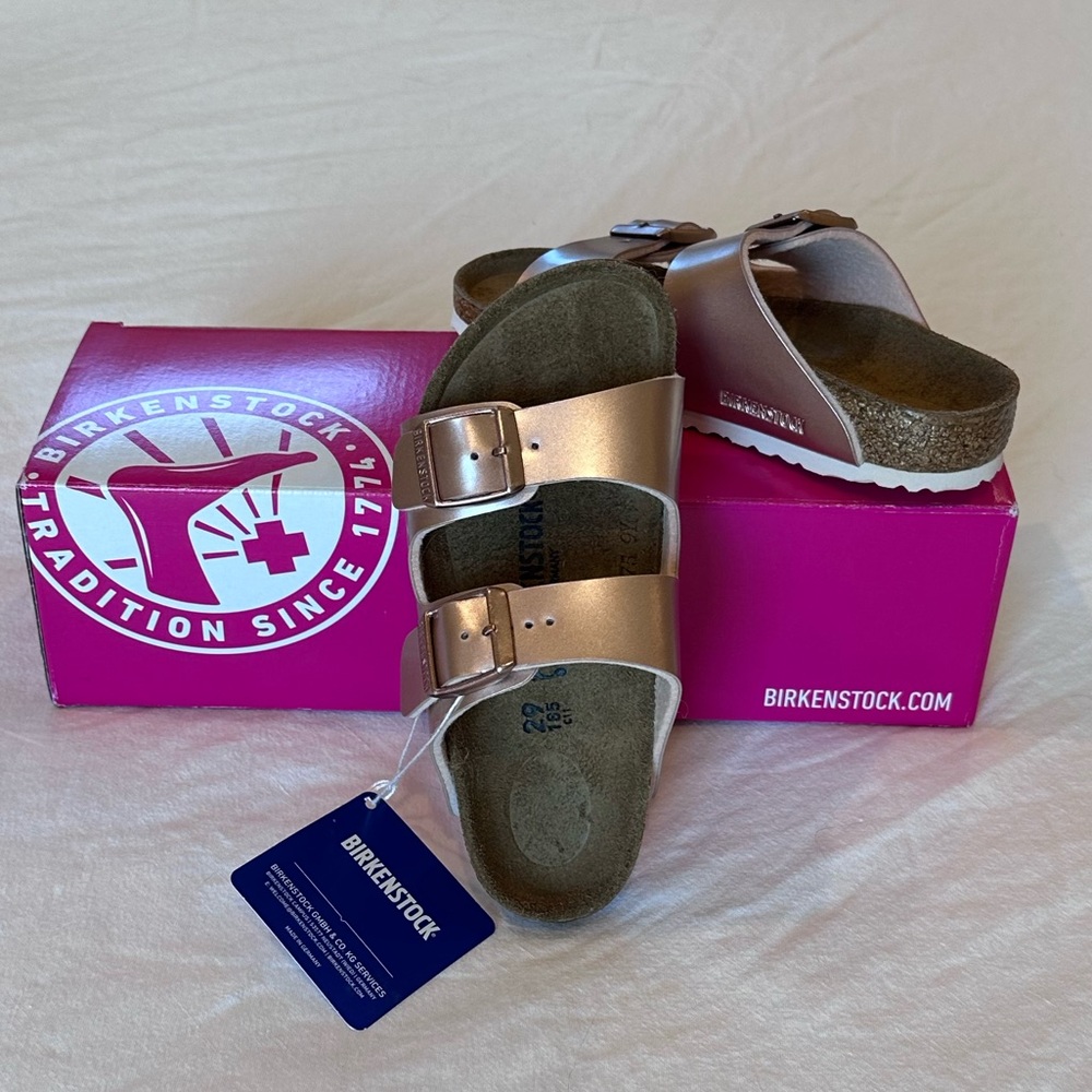 Birkenstock Kids Metallic Rose Gold Two-Strap Sandals